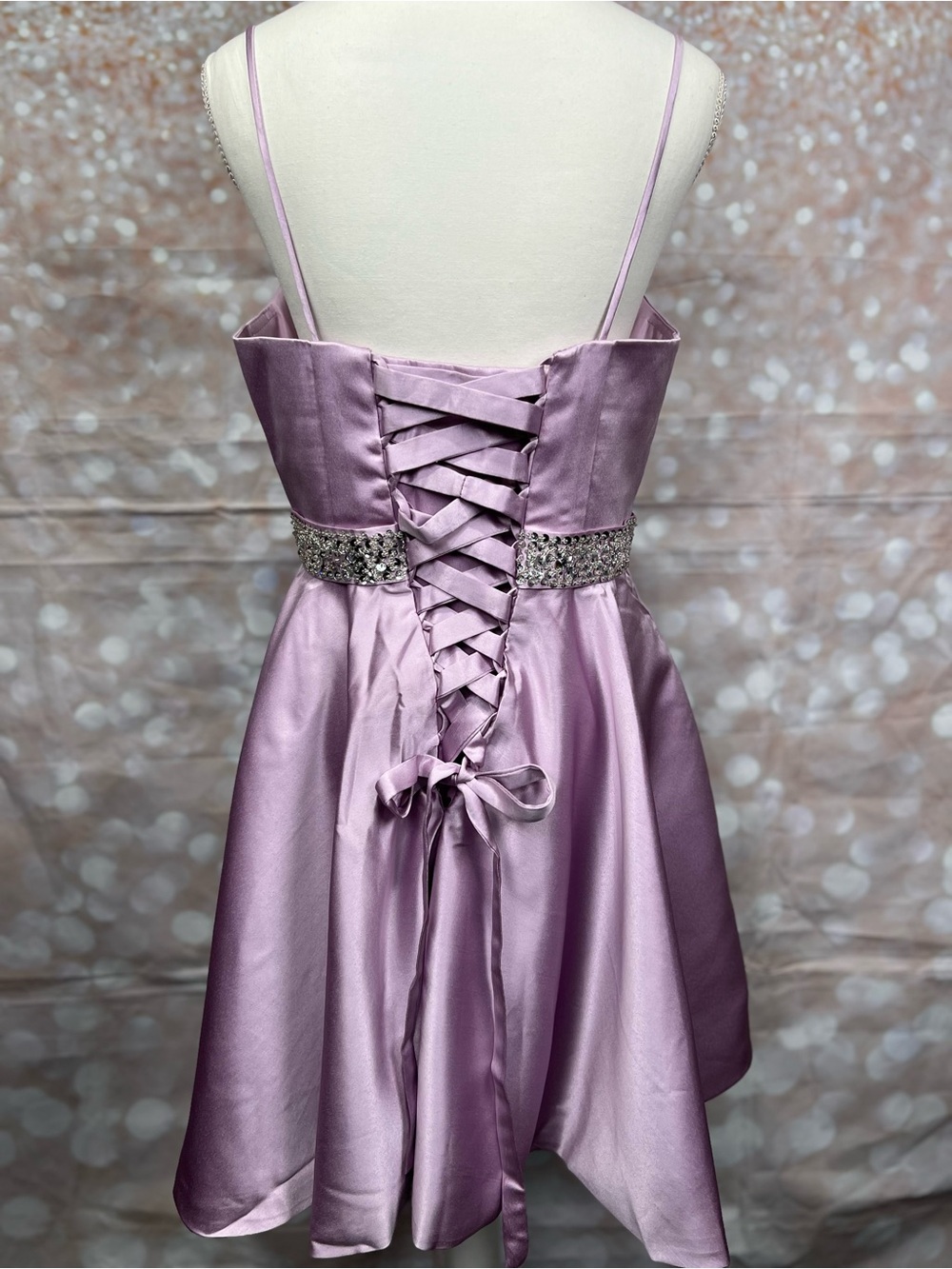 Lilac Satin A-Line Dress with Jeweled Waist - Picture 2 of 6